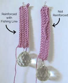 two crocheted hooks attached to each other on a white surface with words describing how they are used