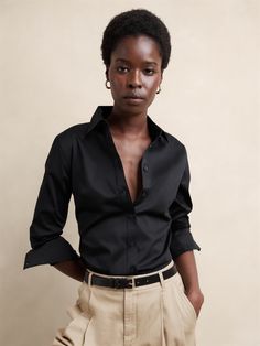 Tailored Easy-Care Shirt | Banana Republic Factory Classic Black Shirt With Hidden Button Closure, Business Cotton Blouse With Button Closure, Classic Stretch Long Sleeve Dress Shirt, Classic Long Sleeve Stretch Dress Shirt, Classic Stretch Shirt For Formal Occasions, Slim Fit Tops With Button Cuffs For Work, Classic Stretch Office Wear Blouse, Classic Stretch Long Sleeve Shirt, Classic Long Sleeve Stretch Shirt