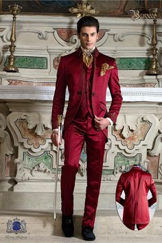 Baroque wedding suit made of fabric and yarns red satin embroidered in gold. This is a vintage dress jacket turtleneck model and matching cuffs, which have been embroidered by a traditional process using spinning gold, model 2183 Mario Moyano Baroque collection. Brat Fashion, Suit For Men Wedding, Groom Tuxedo Wedding, Formal Attire For Men, Men's Costumes, Fashion Outfits For Men, Gold Suit, Suit Pin, Classy Suits