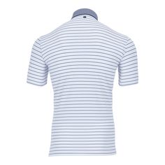 the back of a white and blue striped polo shirt, with an open collared neck