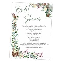 the bridal shower is shown with pine cones and flowers