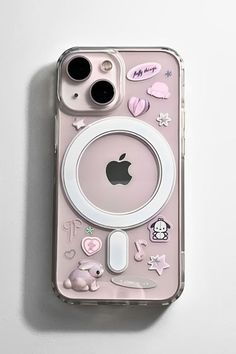 an iphone case with various stickers on the back and sides, all in pink