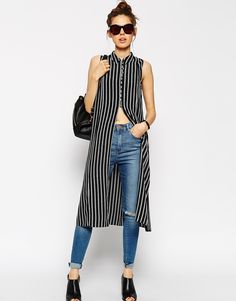 Image 1 - ASOS - Chemisier long sans manches à rayures noires et blanches Black Button Down Shirt, Maxi Tops, Button Down Shirt Dress, Grunge Style, Woman Fashion, Outfit Casual, Look Chic, Outfits Casuales