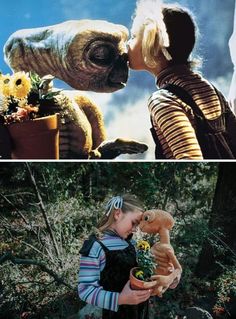 two pictures one with a child and the other with an animal kissing each other in front of flowers