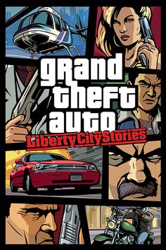 the cover to grand theft auto liberty city stories, with images of people and vehicles