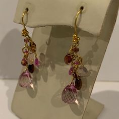 22 Karat Yellow Gold Laura Gibson Multi Color Stone Earrings With 12. Carats In Pink Tourmaline, Pink Topaz, Rose Quartz, Rubies, Rhodolite, Style # 6kp61303 Luxury Pink Multi-stone Earrings, Fine Jewelry Pink Briolette Earrings, Pink Briolette Fine Jewelry Earrings, Pink Multi-stone Earrings In Fine Jewelry Style, Pink Multi-stone Earrings Fine Jewelry, Yellow Gold Multi-stone Party Earrings, Party Multi-stone Yellow Gold Earrings, Pink Multi-stone Earrings For Anniversary, Pink Briolette Earrings For Wedding