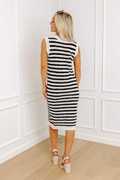 - Sip and savor a patio brunch in this chic knit dress! - Unlined knit material with a striped pattern - A v-cut neckline - A sleeveless cut - A button closure that ends just above the hemline - A flattering silhouette that ends in a midi-length hemline Measurements S : Bust 34", Hip 32", Length 40", Waist 32". M : Bust 36", Hip 34", Length 41", Waist 34". L : Bust 38", Hip 36", Length 41", Waist 36". Knit Midi, V Cut, V Cuts, Knitting Materials, Midi Length, Knit Dress, Patio, Luxury Fashion, Knitting