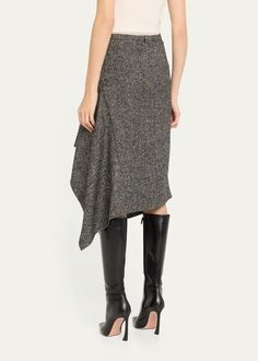 Michael Kors Midi Handkerchief Wool Skirt - Blackwhit | Editorialist Chic Wool A-line Skirt, Chic A-line Wool Bottoms, Chic Long Wool Skirt, Elegant Gathered Skirt With Asymmetrical Hem, Pleated Flared Wrap Skirt For Fall, Chic A-line Wool Skirt, Chic Flared Wrap Skirt For Fall, Elegant Asymmetrical Skirt For Winter, Fall Asymmetrical Voluminous Skirt