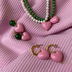 Candy Color Heart and Beads Earrings Earring Korean, Pink Heart Pendant, Romantic Earrings, Pearl Necklace Designs, Color Heart, Necklace Stand, Hoop Earrings Style, Pearl Heart, White Necklace