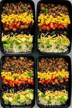 four black trays filled with rice, beans and veggies on top of each other