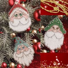 two pictures of santa claus ornaments on a christmas tree