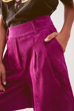 Cropped length. Shorts. Plain design. High rise . Straight. Daily. Belt loops. Soft corduroy. Side pockets . Zip fastening. Functional pockets. runs true to size. S. 100% Polyester Magenta Pants, Fall Dressing, Contemporary Wardrobe, Plain Design, Waist Length, Corduroy Pants, Long A Line, Straight Leg Pants, Look Fashion