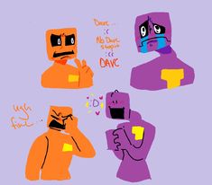 three cartoon characters with different expressions on their faces, one in purple and the other in orange