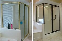 before and after pictures of a bathroom remodel in white with gold trimming