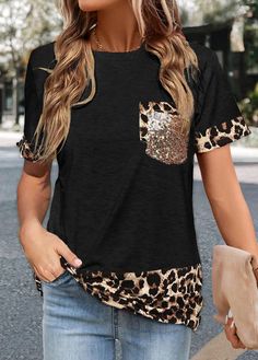 ROTITA Patchwork Leopard Black Round Neck T Shirt Leopard Shorts, Leopard Black, Sleeve Women, Streetwear Fashion Women, Boho Casual, Sequin Top, Sleeves (women), Dressy Casual, Trendy Fashion Women