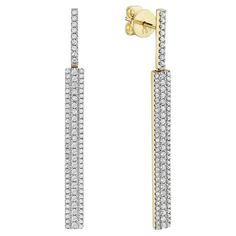 With these exquisite yellow gold dangle earrings, style and glamour are in the spotlight. These hoops are set in 14-carat gold, made out of 3.4 grams of gold. The color of the diamonds is GH. The clarity is SI1-OSI2. These earrings are made out of 194 diamonds totaling 0.84 carats. Diamond Dangle Earrings, Gold Earrings Dangle, Diamond Earrings, Dangle Earrings, Yellow Gold, Jewelry Earrings, Yellow, Drop Earrings, Gold