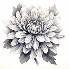 a black and white drawing of a large flower with leaves on it's petals