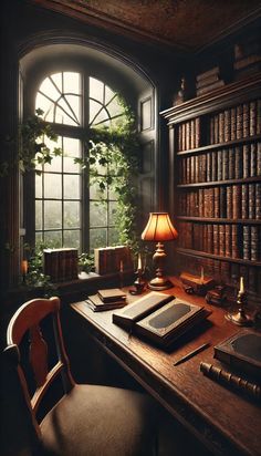 a desk with books and a lamp in front of an open bookcase filled with books