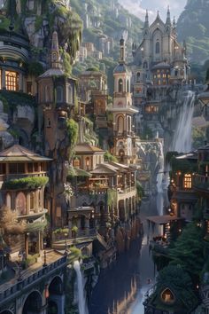 an artistic rendering of a city on the edge of a waterfall