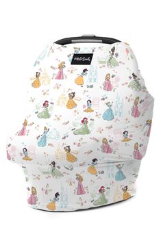 a car seat cover with princesses on it