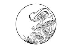 a black and white drawing of mushrooms in a round frame with grass on the bottom