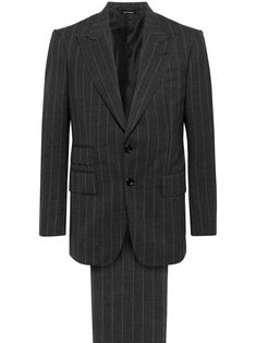 anthracite grey wool pinstripe pattern tailored cut Jacket: shoulder pads notched lapels front button fastening long sleeves buttoned cuffs chest welt pocket two front flap pockets English rear vents Trousers: mid-rise belt loops concealed fly and button fastening slim cut Pinstripe Pattern, Tuxedo Suit, Wool Suit, Slim Legs, Flap Pocket, Welt Pocket, Tom Ford, Mens Suits, Shoulder Pads