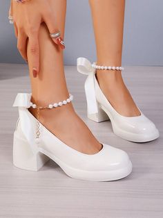 Beige  Collar     Embellished   Women Shoes White Mary Jane Heels, Loafers Chunky, Wedding Shoes Low Heel, Mary Jane High Heels, White Wedding Shoes, Chunky Heel Pumps, Womens Mary Janes, White Heels, Mary Jane Heels