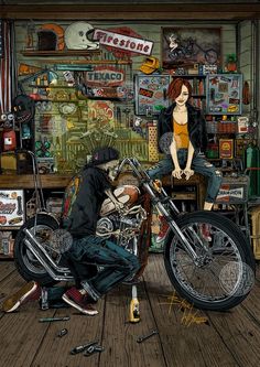 a painting of a man on a motorcycle with a woman sitting next to him in front of a store