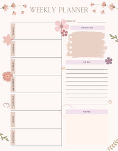 the printable weekly planner is shown with flowers and leaves on it, as well as pink