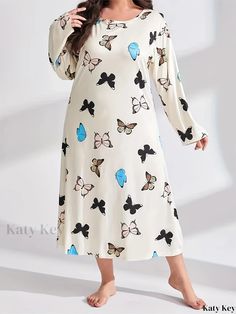 Katykey - Womens Plus Size Lounge Dress: Elegant Butterfly Print, Long Sleeves, Round Neckline, Loose-Fit Nightdress Long Sleeve Printed Loungewear Dress, White Printed Dresses For Loungewear, Plus Size Lounge, Nightgown Sets, Comfortable Pajamas, Night Dresses, Lounge Dress, Dress Elegant, Butterfly Print