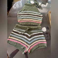 Brand New Striped Knitted Crop Top And Shorts Set, Never Worn Before. Tags Still Attached Knitted Crop Top, Top And Shorts Set, Crop Top And Shorts, Knit Set, Skirt Leather, Shorts Set, Sweatshirt Shirt, Short Sets, Jean Shirts