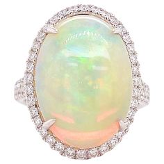 This fiery 7.13 carat opal has flashes of blue, green, and vibrant pink and there are 74 diamonds to frame its beauty. The colors look even more intense in the center of a stunning white diamond halo. More diamonds fall down the split band with one larger diamond in the center of the split band on either side. The beauty and fire of this opal makes it a rare specimen! The diamonds are a total of 1.00 carat which makes the ring that much more impressive. The details for this beautiful ring are li Opal Diamond Ring, Colorless Diamond, Opal Color, Star Jewelry, Diamond Halo, Diamond Clarity, Cocktail Rings, Halo Diamond, White Gold Diamonds