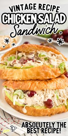 two chicken salad sandwiches on a white plate with the title vintage recipe chicken salad sandwich absolutely the best recipe