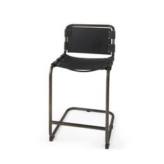 a black leather and metal bar stool with studded straps on the armrests