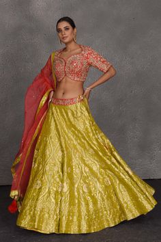 Flaunt your Indian style on festive and wedding occasions in this yellow and red hand embroidered Banarasi lehenga. The lehenga comes with a dupatta. DISCLAIMER: The actual product may vary slightly from the image. These are custom orders, hence expect slight variation in color and placement of the motif or buta. ESTIMATED DELIVERY: Because this is a custom order, it would take about 4 weeks from the date of purchase. RETURN POLICY: This product is a custom order and cannot be returned or exchan Yellow Raw Silk Choli With Intricate Embroidery, Yellow Sharara With Meenakari Detailing, Yellow Bollywood Brocade Lehenga, Yellow Banarasi Silk Lehenga With Cutdana, Yellow Brocade Sets With Traditional Drape, Fitted Yellow Banarasi Silk Lehenga, Yellow Brocade Lehenga With Dupatta, Festive Yellow Brocade Sets, Red Dola Silk Choli With Meenakari