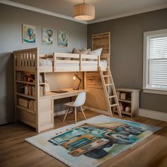 there is a bunk bed with a desk and chair in the room next to it