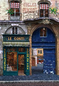 a painting of an old building with windows and shutters