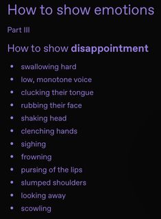 an image of the words how to show emotions on a black background with purple text