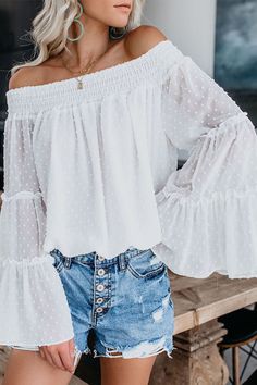 Long Sleeve Peasant Top, White Ruffle Blouse, Off The Shoulder Tops, Off Shoulder Shirt, Bohemian Blouses, Off The Shoulder Blouse, Cold Shoulder Long Sleeve, Shoulder Tops, Chiffon Ruffle