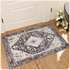 an area rug on the floor in front of a door with a potted plant