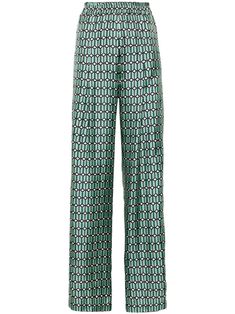 sage green/black/white silk twill weave satin finish lightweight construction all-over geometric print two side inset pockets front pleat detailing full-length straight wide leg elasticated waistband Silk Palazzo Pants, Pattern Pants, Yoko London, City Dress, Twill Weave, Summer Beach Wear, Silk Twill, White Silk, Pants Pattern