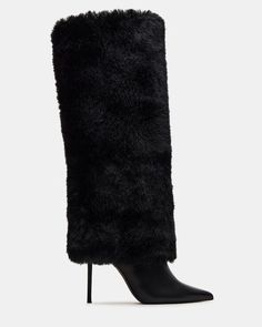 SMITH Faur Fur Black Cuffed Stiletto Boot | Women's Boots Coquette Ballet, Boots Steve Madden, Ballet Core, Fringe Boots, Chic Leather, Knee Boot, Gorgeous Shoes, Fashion Tips For Women, 4 Inch Heels