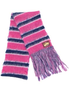 striped knitted scarf from MARNI featuring mohair-wool blend, horizontal stripe pattern, logo patch to the front, fringe detailing, long length and starlight pink. | Marni Striped Knitted Scarf Stripe Scarf Knit, Weaving Scarfs, Front Fringe, Mohair Scarf, Mohair Knit, Pattern Logo, Striped Scarves, Mohair Wool, Knitting Accessories