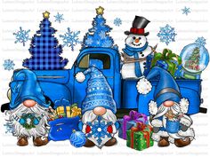 snowmen and gnomes in front of a blue truck with christmas decorations on it