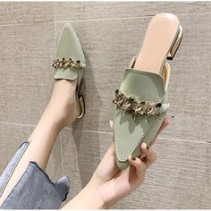 Spring Slip-on Flats With Metal Feet, Spring Closed Toe Flats With Metal Feet, Trendy Synthetic Summer Loafers, Casual Spring Flats With Metal Feet, Green Pointed Toe Casual Loafers, Casual Loafers With Metal Feet And Pointed Toe, Green Pointed Toe Loafers For Spring, Casual Loafers With Metal Feet For Spring, Summer Synthetic Pointed Toe Loafers