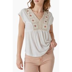 Cream V-neck Top With Crochet Trim, Feminine Cotton Crochet Top With Crochet Trim, Feminine Cotton Crochet Top, Crochet Lace Top With Short Sleeves, Cream Crochet Trim V-neck Top, Cream V-neck Tops With Crochet Trim, Feminine Beige Crochet Top, Cream Short Sleeve Top With Crochet Trim, Beige Cotton Tops With Crochet Trim