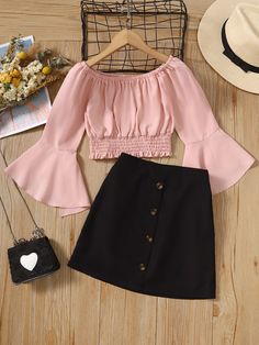 Shirred Top, Cute Dress Outfits, Shein Outfits, Fashionista Clothes, Easy Trendy Outfits, Simple Trendy Outfits, Flounce Sleeve