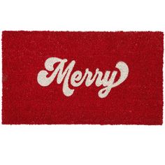 merry door mat with the word merry written in white on a red background and glittered letters