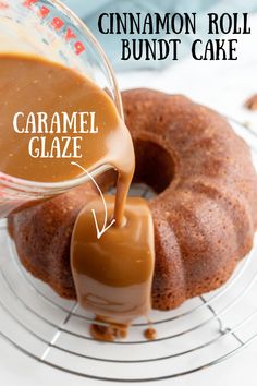 a bundt cake with caramel glaze being poured onto it