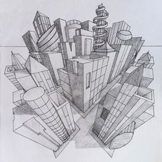 a pencil drawing of some buildings in the air